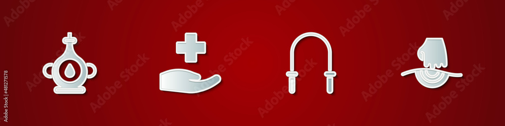 Set Oil bottle, Cross hospital medical, Jump rope and Massage icon. Vector Set Oil bottle, Cross hospital medical, Jump rope and Massage icon. Vector