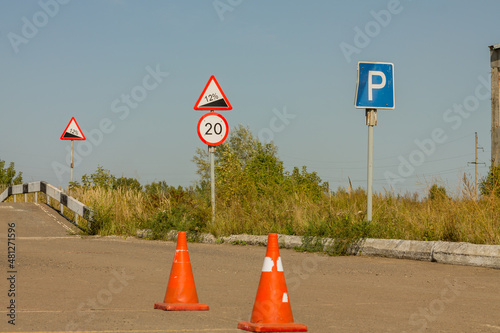 cones and signs on the autodrome. Autodrome for training apprentice drivers. Novice drivers learn to drive.