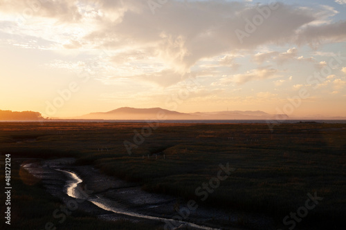 Wetlands' Waterway and Distant Mountain Range at Sunset, CA