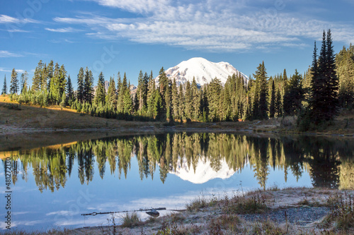 Frozen morning at the beautiful Tipsoo Lake. Mt. Rainier reflects in the calm water photo