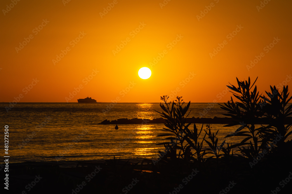 Big setting sun over ocean and silhouette of tourist boat and tropical leaves against colorful red sky
