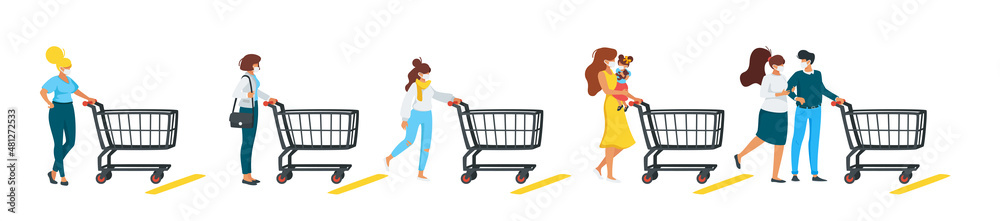 Queue of people with empty shopping carts Queue of people with empty shopping carts