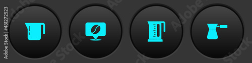 Set Coffee pot, Location with coffee bean, Electric kettle and turk icon. Vector