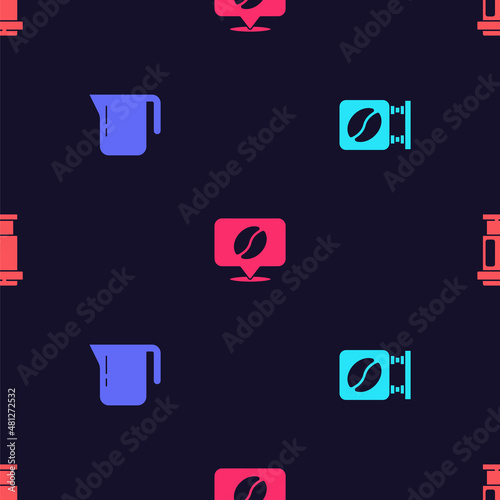 Set Street signboard coffee, Coffee pot, Location with bean and Aeropress on seamless pattern. Vector