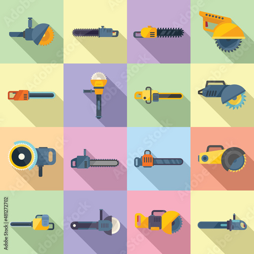 Electric saw icons set flat vector. Chainsaw equipment