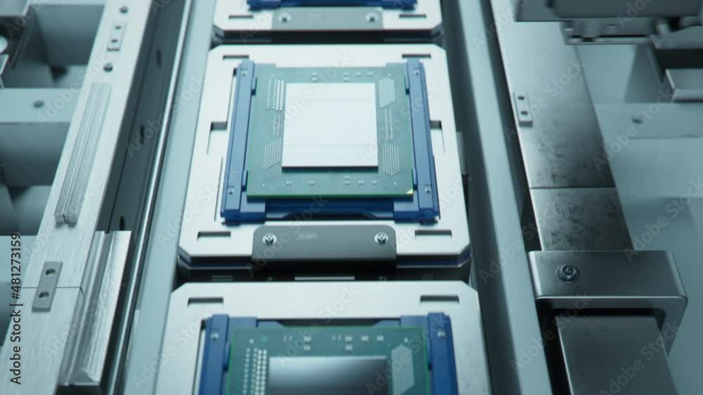 Shot of Computer Processor on Production Line is being Tested at Semiconductor Factory. Microchip Production Process.
