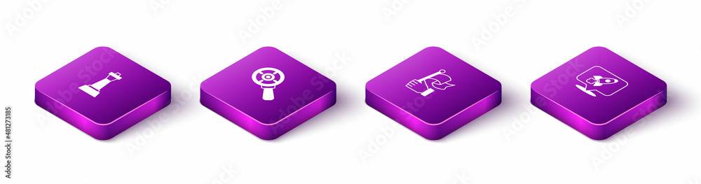Set Isometric Chess, Target with magnifying glass, Hand holding flag and Rocket ship icon. Vector