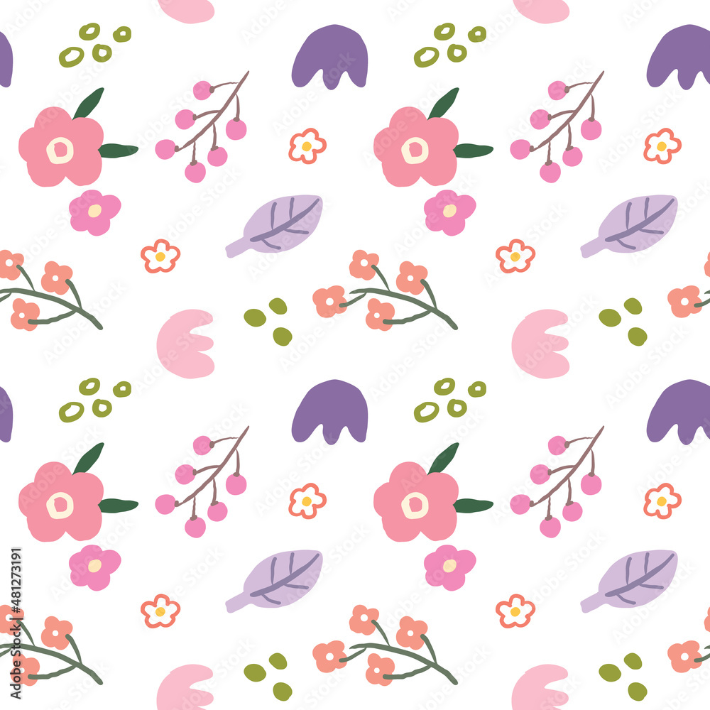 Seamless Pattern of Hand Drawn Flower and Leaf Art Design on White Background Seamless Pattern of Hand Drawn Flower and Leaf Art Design on White Background
