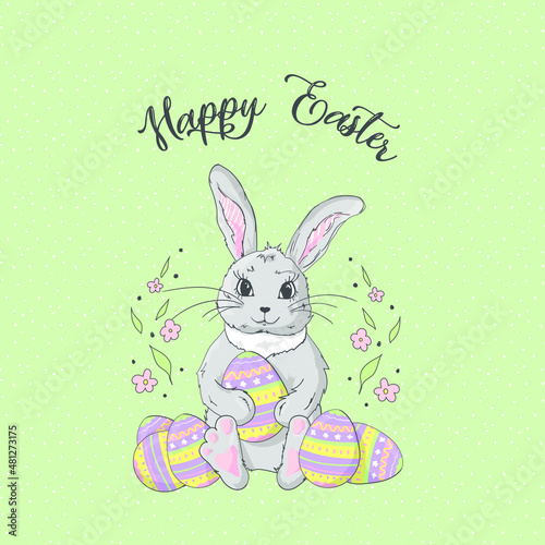 Happy Easter greeting card with cute cartoon bunny  eggs and text. Concept vector illustration.