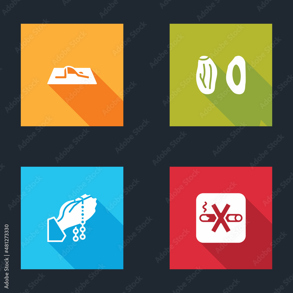 Set Muslim man prays, Date fruit, Hands in praying position and No Smoking icon. Vector