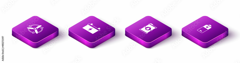 Set Isometric Wind turbine, Car battery, Bio fuel barrel and Battery icon. Vector Set Isometric Wind turbine, Car battery, Bio fuel barrel and Battery icon. Vector