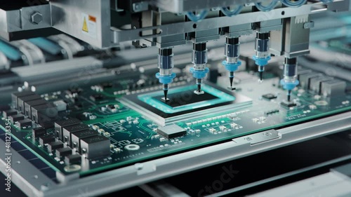 Timelapse. Automatic Pick and Place machine installs Components on Circuit Board. Assebly Line on Electronics and Circuit board Manufacturing Factory.