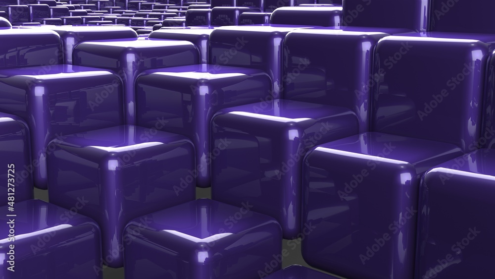 Fototapeta premium Abstract background with waves made of a lot of purple cubes geometry primitive forms that goes up and down under black-white lighting. 3D illustration. 3D CG. High resolution.