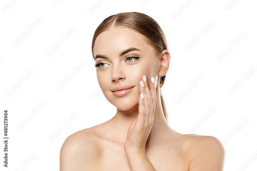 Woman Beautiful face. Beauty Perfect clean fresh skin face of young adult woman. Spa, skin care and wellness. Beauty model portrait with natural nude make up. Girl touching her face Woman Beautiful face. Beauty Perfect clean fresh skin face of young adult woman. Spa, skin care and wellness. Beauty model portrait with natural nude make up. Girl touching her face