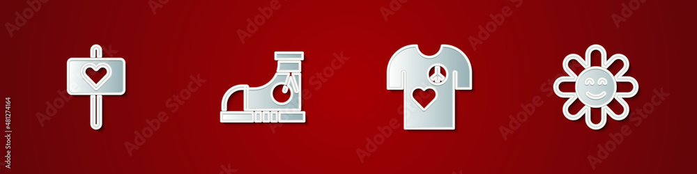 Set Peace, Sneakers, t-shirt print stamp and Flower icon. Vector Set Peace, Sneakers, t-shirt print stamp and Flower icon. Vector