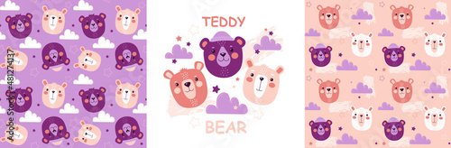 Set of Cute Teddy Bears Print. Seamless patterns with muzzles of fluffy purple animals. Colorful design elements for printing on fabric and children clothing. Cartoon isolated flat vector collection