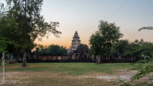 Timelapse of Phanomwan Castle or Prasat Hin Phanomwan was influenced by the ancient Khmer period at twilight time, Nakhon Ratchasima, Thailand. photo