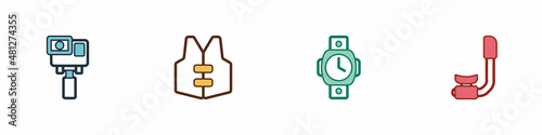 Set Action extreme camera, Life jacket, Diving watch and Snorkel icon. Vector