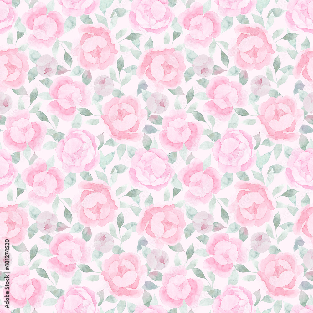 Watercolor pink realism peonies bloom with mint leaves seamless pattern. Botanical hand drawn floral illustration. Textile background. For linens, linen, wrapping paper, wallpaper, card, invitation.