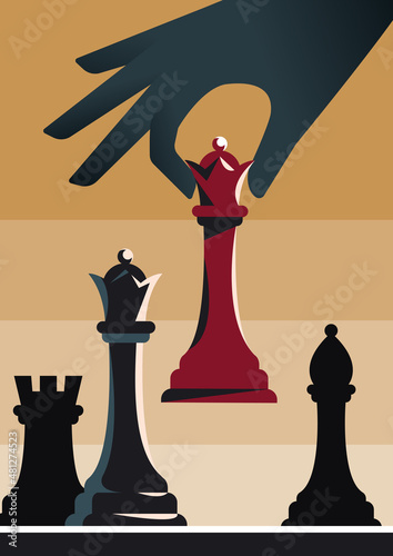 Chess game concept. Colorful poster with chess pieces, dark silhouette of hand and game board. Design element for invitation to intellectual tournament. Cartoon modern flat vector illustration