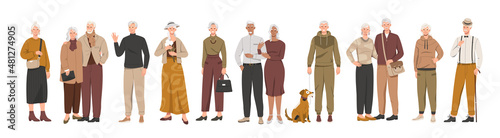Set of elderly people and couples. Stylish aged men and women in beautiful casual outfits. Older characters in trendy clothes. Cartoon modern flat vector collection isolated on white background