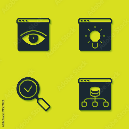 Set Browser incognito window, Server, Data, Magnifying glass with check mark and icon. Vector