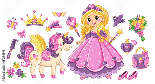 Set of beautiful princess and unicorn. Cute girl with flower, perfume, crown, accessories and pet. Stickers with fairy tale character. Cartoon flat vector collection isolated on white background