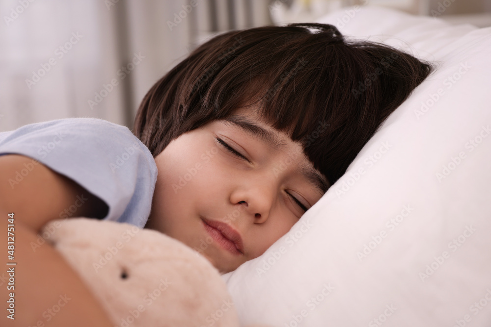 Cute little boy with toy sleeping in bed at home, closeup Cute little boy with toy sleeping in bed at home, closeup