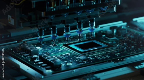 Automatic Pick and Place machine quickly installs Components on Circuit Board. Electronics and Circuit board Manufacturing Factory. Loopable.