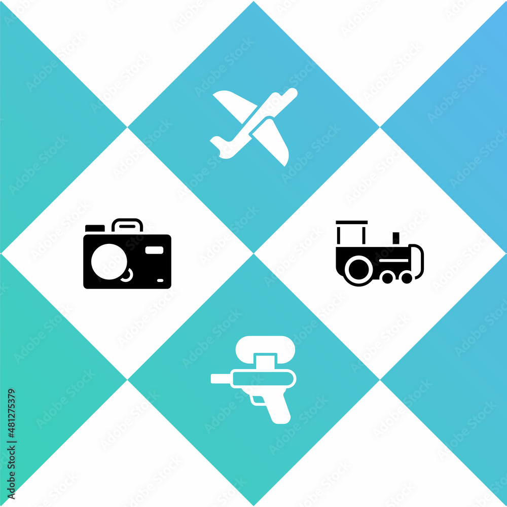 Set Photo camera, Water gun, Toy plane and train icon. Vector Set Photo camera, Water gun, Toy plane and train icon. Vector