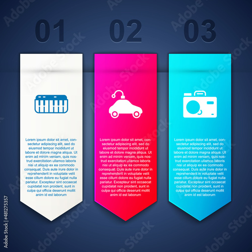 Set Music synthesizer, Radio controlled car toy and Photo camera. Business infographic template. Vector