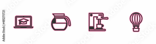 Set line Graduation cap on laptop, Coffee machine and cup, pot and Hot air balloon icon. Vector