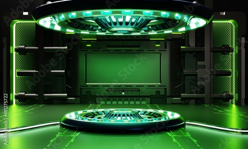 Fotografie, Obraz Sci-fi product podium showcase in spaceship with green light background