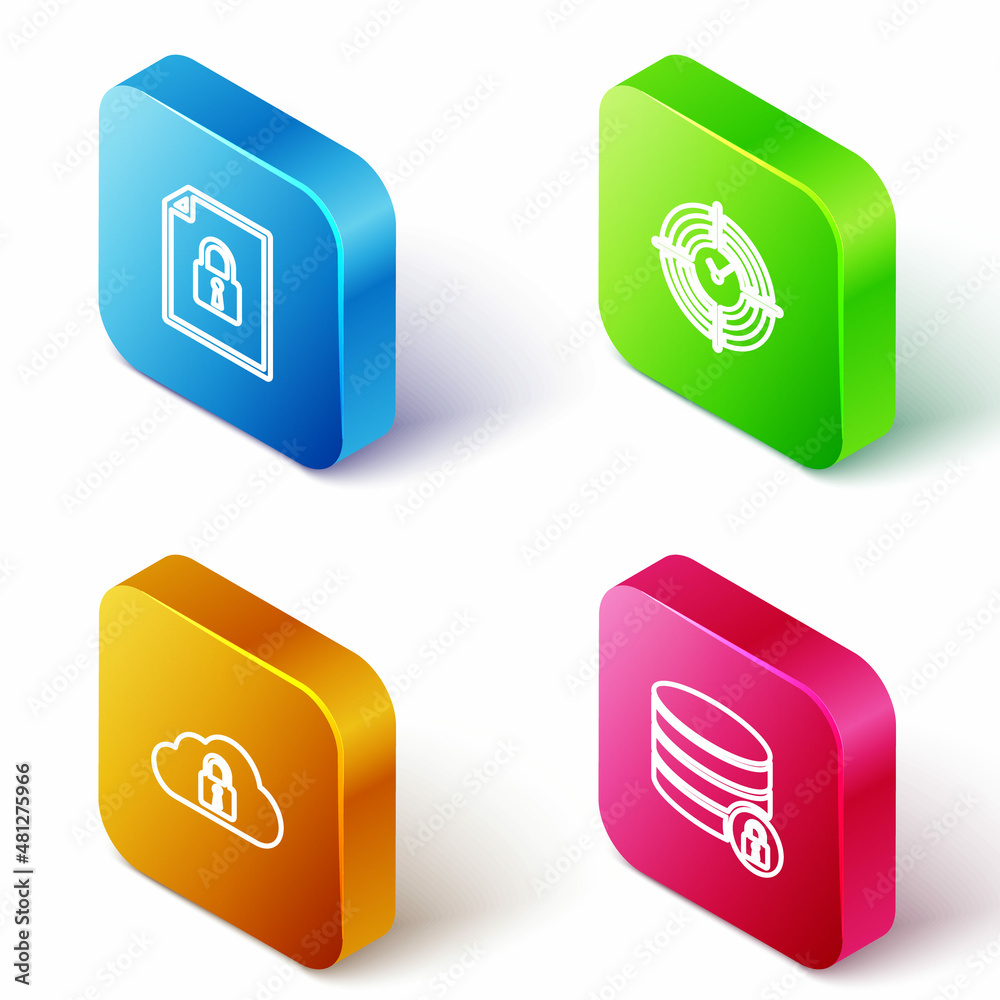 Set Isometric line Document and lock, Time Management, Cloud computing and Server security with icon. Vector Set Isometric line Document and lock, Time Management, Cloud computing and Server security with icon. Vector