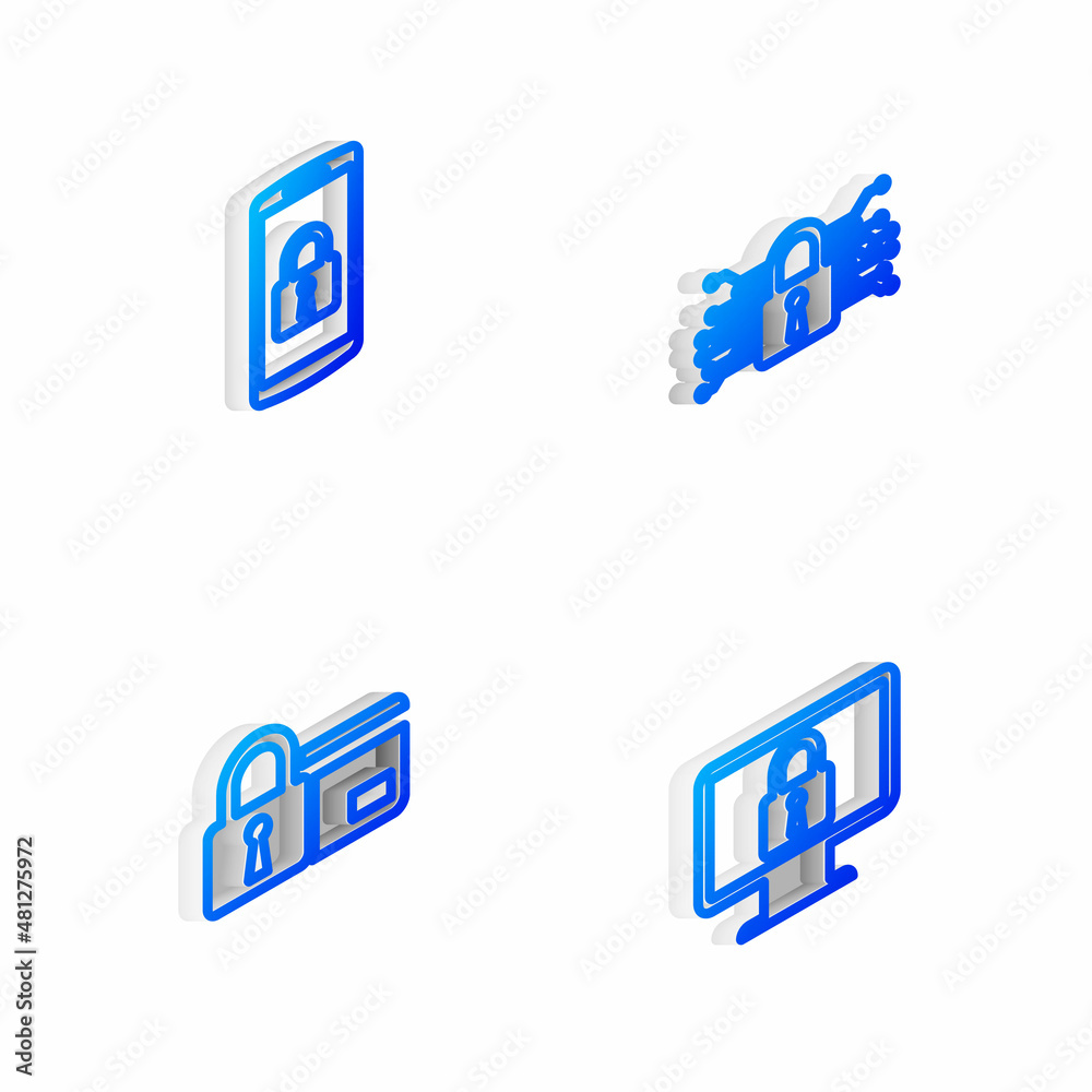 Set Isometric line Cyber security, Smartphone with lock, Credit card and Lock monitor icon. Vector Set Isometric line Cyber security, Smartphone with lock, Credit card and Lock monitor icon. Vector