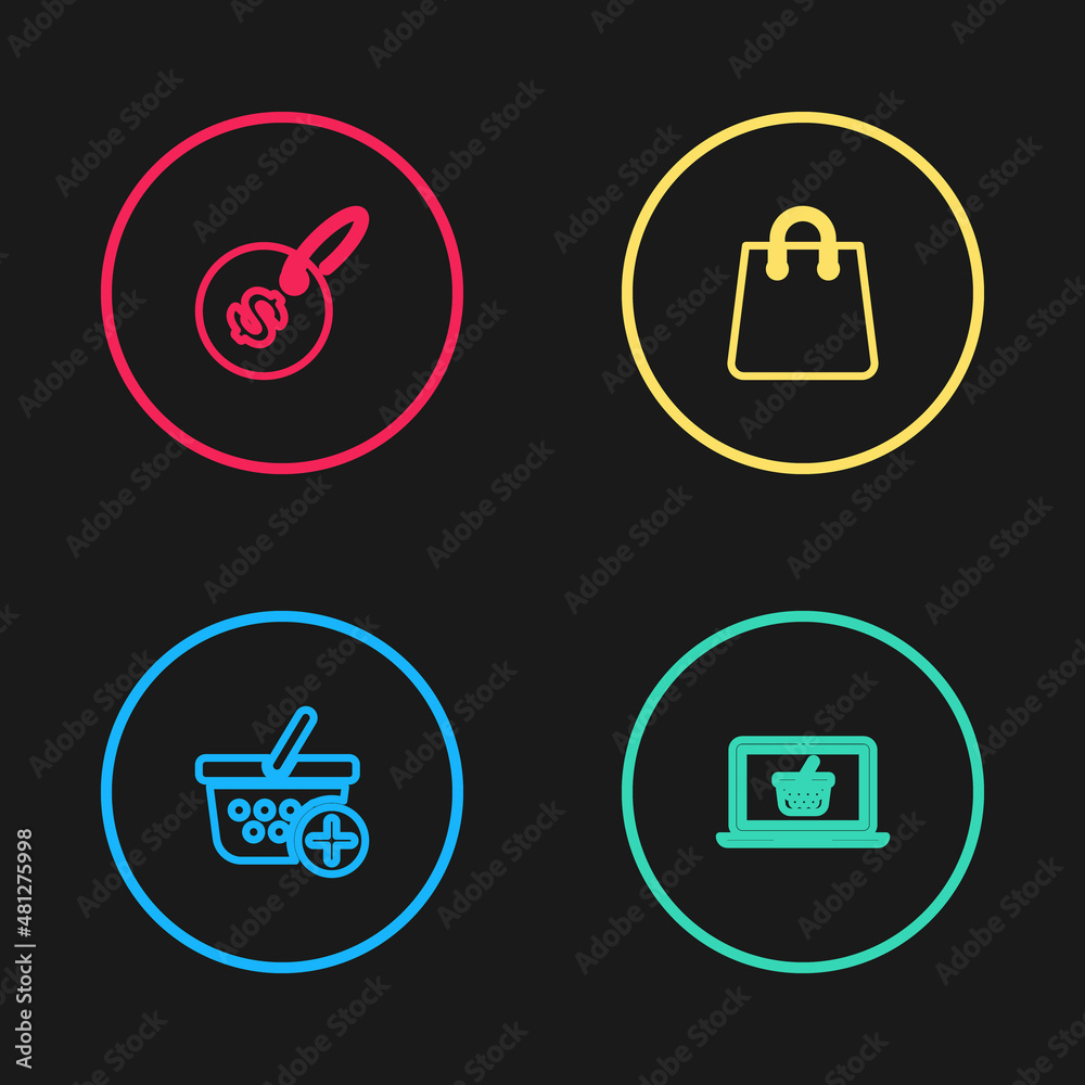 Set line Add to Shopping basket, on laptop, Handbag and Price tag with dollar icon. Vector Set line Add to Shopping basket, on laptop, Handbag and Price tag with dollar icon. Vector