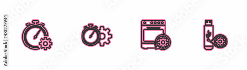 Set line Time management setting, Oven, and USB flash drive icon. Vector
