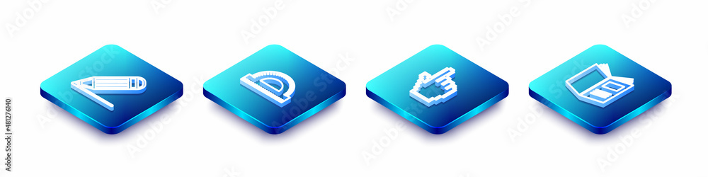Set Isometric line Pencil and line, Protractor grid, Pixel hand cursor and Open book icon. Vector Set Isometric line Pencil and line, Protractor grid, Pixel hand cursor and Open book icon. Vector