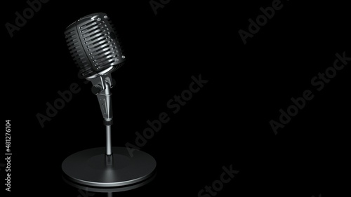 Metallic silver retro microphone under white lighting background. Concept image of justice declaration, first stage, telecommute and remote-work. 3D CG. 3D illustration.