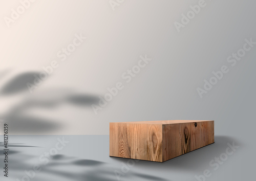 Fototapeta Naklejka Na Ścianę i Meble -  Wooden exhibition podium. 3D Background. Leave shadow. Tropical branch. Beige Backdrop. 3D rendering. Cosmetic display product. Stand with Wood texture