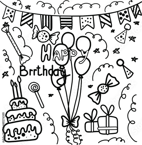 A large set of festive illustrations. For birthday parties, various gifts, candy gifts and cakes. Hand-drawn.
