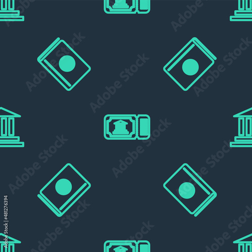 Set line Museum ticket, Cover book travel guide and building on seamless pattern. Vector