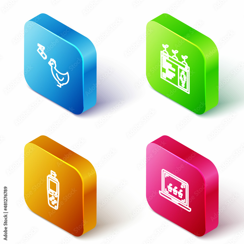 Set Isometric line Chicken farm and camera, Smart farming technology, Portable sensor and icon. Vector Set Isometric line Chicken farm and camera, Smart farming technology, Portable sensor and icon. Vector