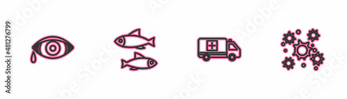 Set line Reddish eye allergic conjunctivitis, Emergency car, Fish and Bacteria icon. Vector