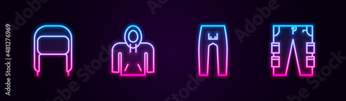 Set line Winter hat with ear flaps, Hoodie, Pants and Cargo pants. Glowing neon icon. Vector