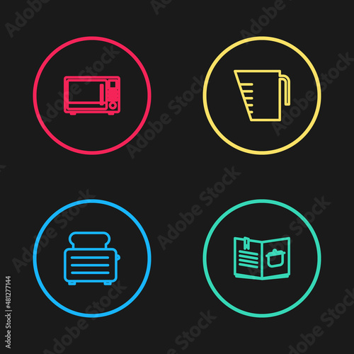 Set line Toaster with toasts, Cookbook, Measuring cup and Microwave oven icon. Vector