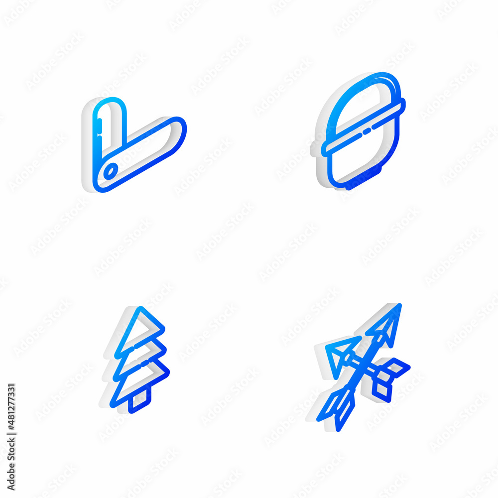 Set Isometric line Camping pot, Swiss army knife, Tree and Crossed arrows icon. Vector Set Isometric line Camping pot, Swiss army knife, Tree and Crossed arrows icon. Vector