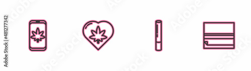 Set line Mobile and marijuana or cannabis, Marijuana joint, leaf heart and Rolling paper icon. Vector