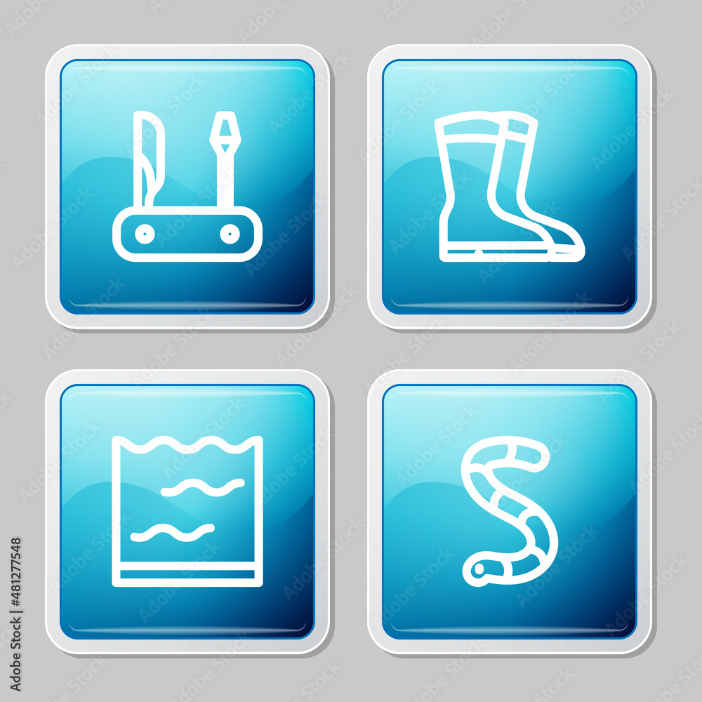 Set line Swiss army knife, Fishing boots, Aquarium and Worm icon. Vector Set line Swiss army knife, Fishing boots, Aquarium and Worm icon. Vector