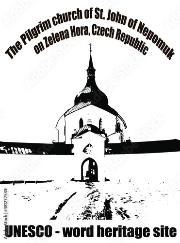 pilgrimage church of St. John of Nepomuk (Jan Nepomucky) on zelena hora, green hill, Zdar nad Sazavou, Czech Republic, monument unesco, black and white vector illustration
